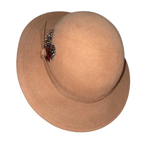 Adolfo II Vintage Womens Hat 21 Inch Tan Cloche Feathers Inside Circumference